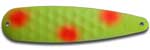 Warrior Lures 210 Fire Dot Hot Glow trolling / fishing spoons.  Hot Glow Muskee, Salmon, Lake Trout, Steelhead trolling / fishing spoons.  Glow for 3 hours!