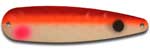 Warrior Lures 234 Orange Red Tail Hot Glow trolling / fishing spoons.  Hot Glow Muskee, Salmon, Lake Trout, Steelhead trolling / fishing spoons.  Glow for 3 hours!