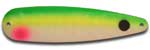Warrior Lures 235 Yellow Tail Hot Glow trolling / fishing spoons.  Hot Glow Muskee, Salmon, Lake Trout, Steelhead trolling / fishing spoons.  Glow for 3 hours!